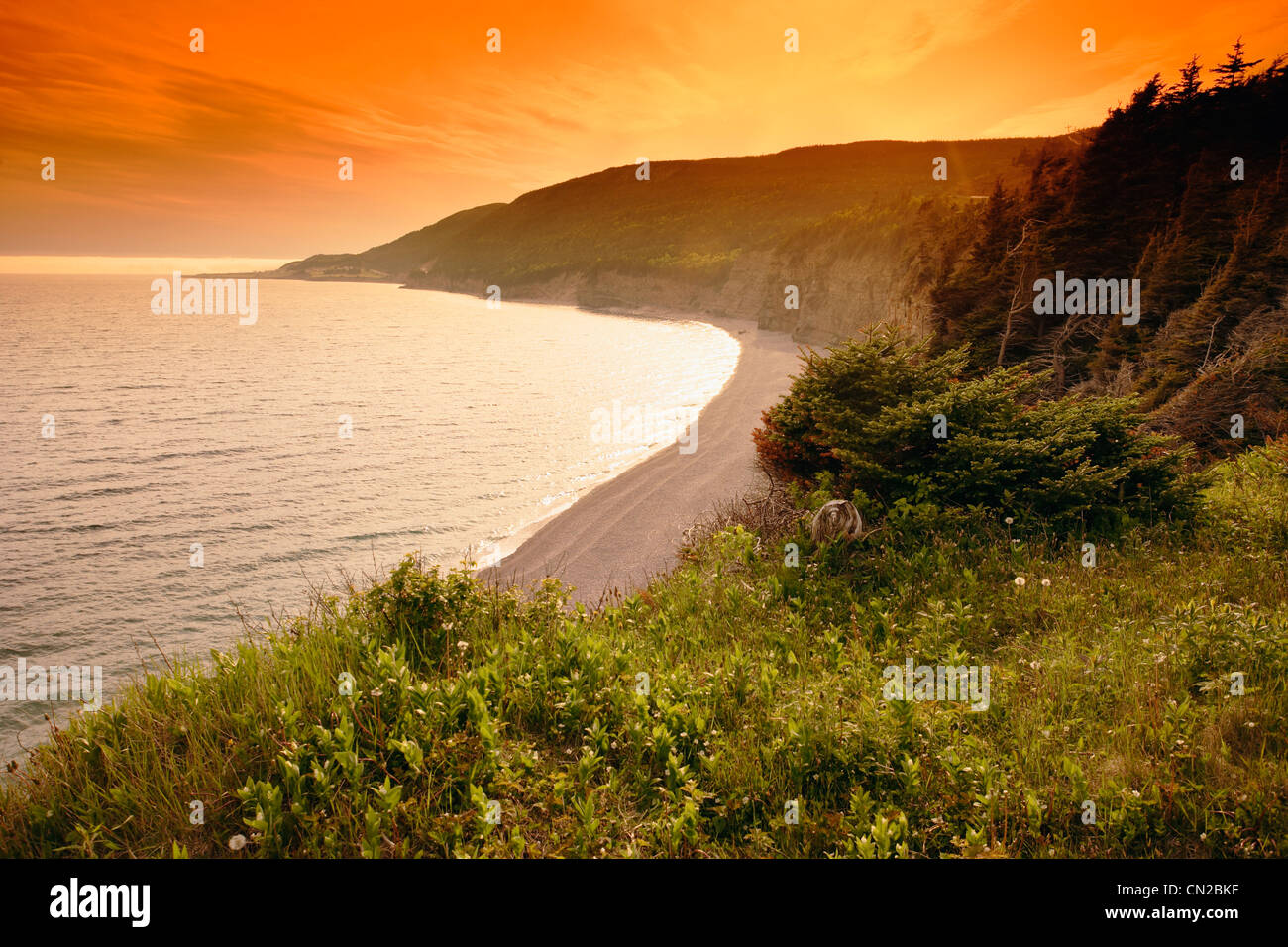 View of St. George's Bay at Sunset, Port au Port Peninsula, Sheaves Cove, Newfoundland Stock Photo