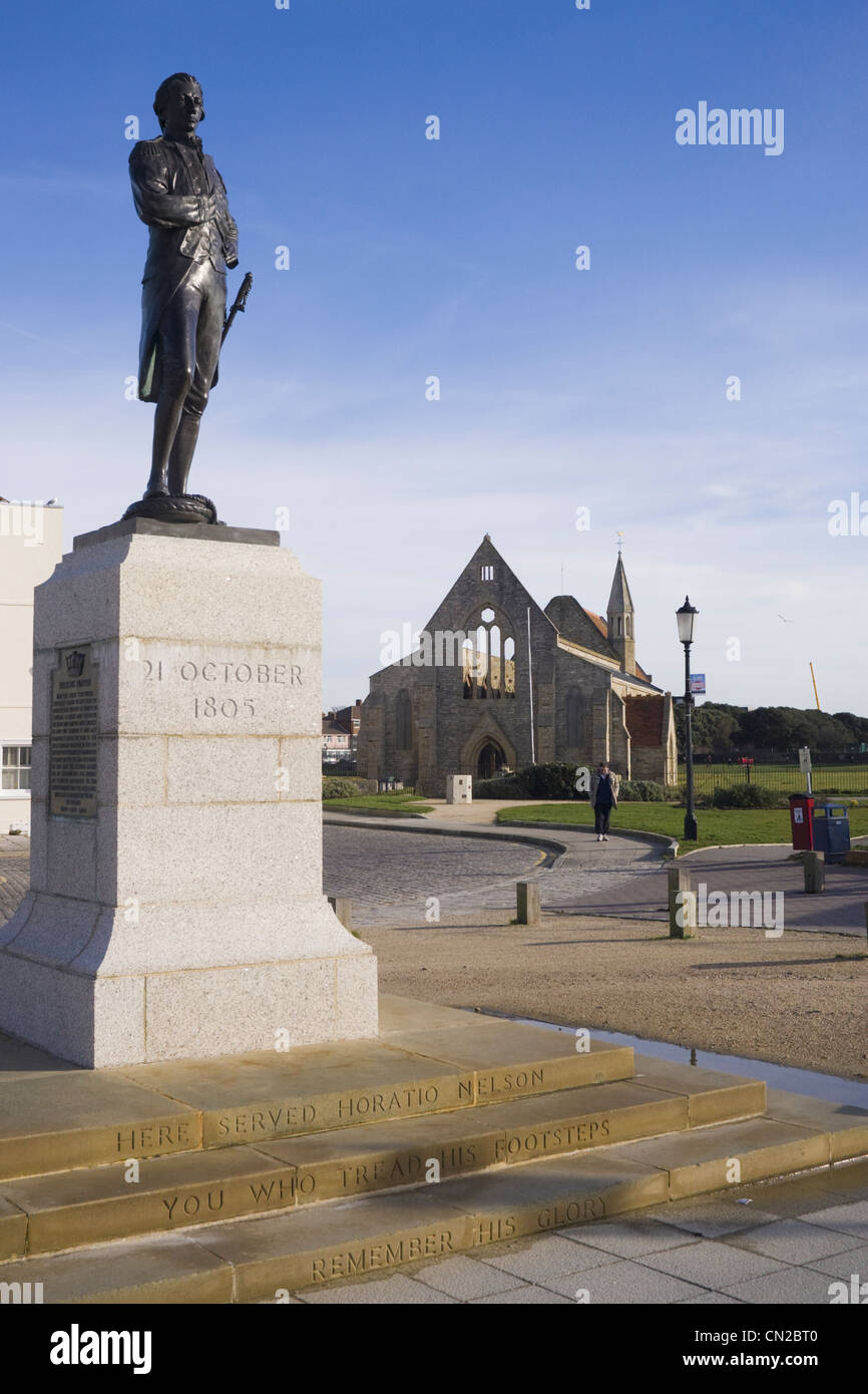 Statue of Lord Nelson in front of Garrison Church, Portsmouth UK Stock Photo