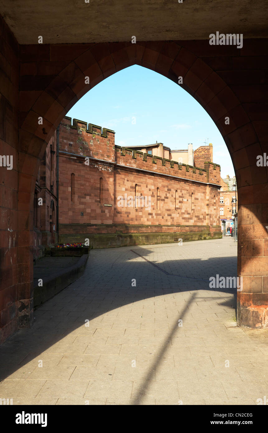 Carlisle City center, looking through one of the gates of the Citadel, Cumbria, United Kingdom. The most northerly English City. Stock Photo