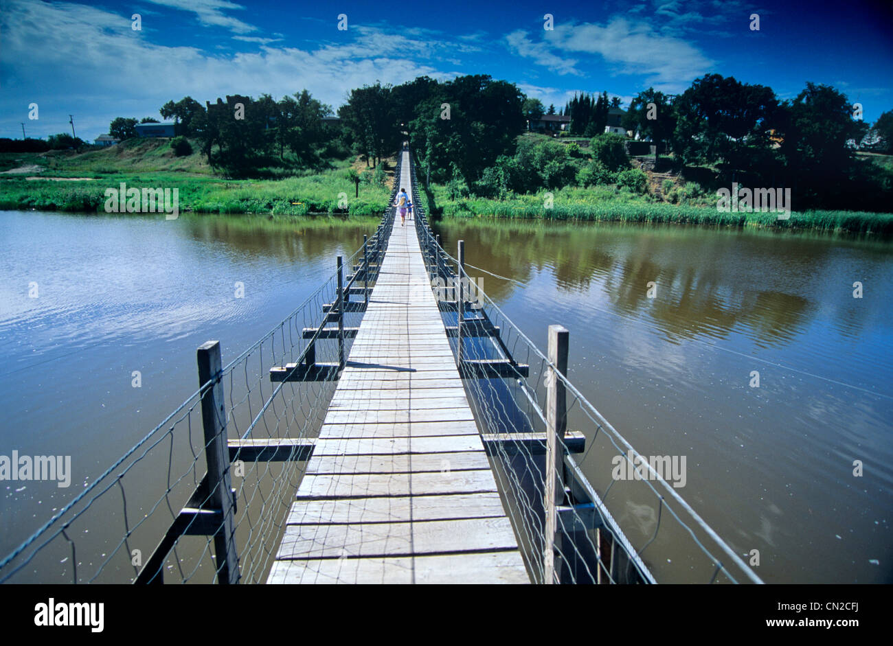 Swinging Bridge across Souris River, Souris, Manitoba Stock Photo