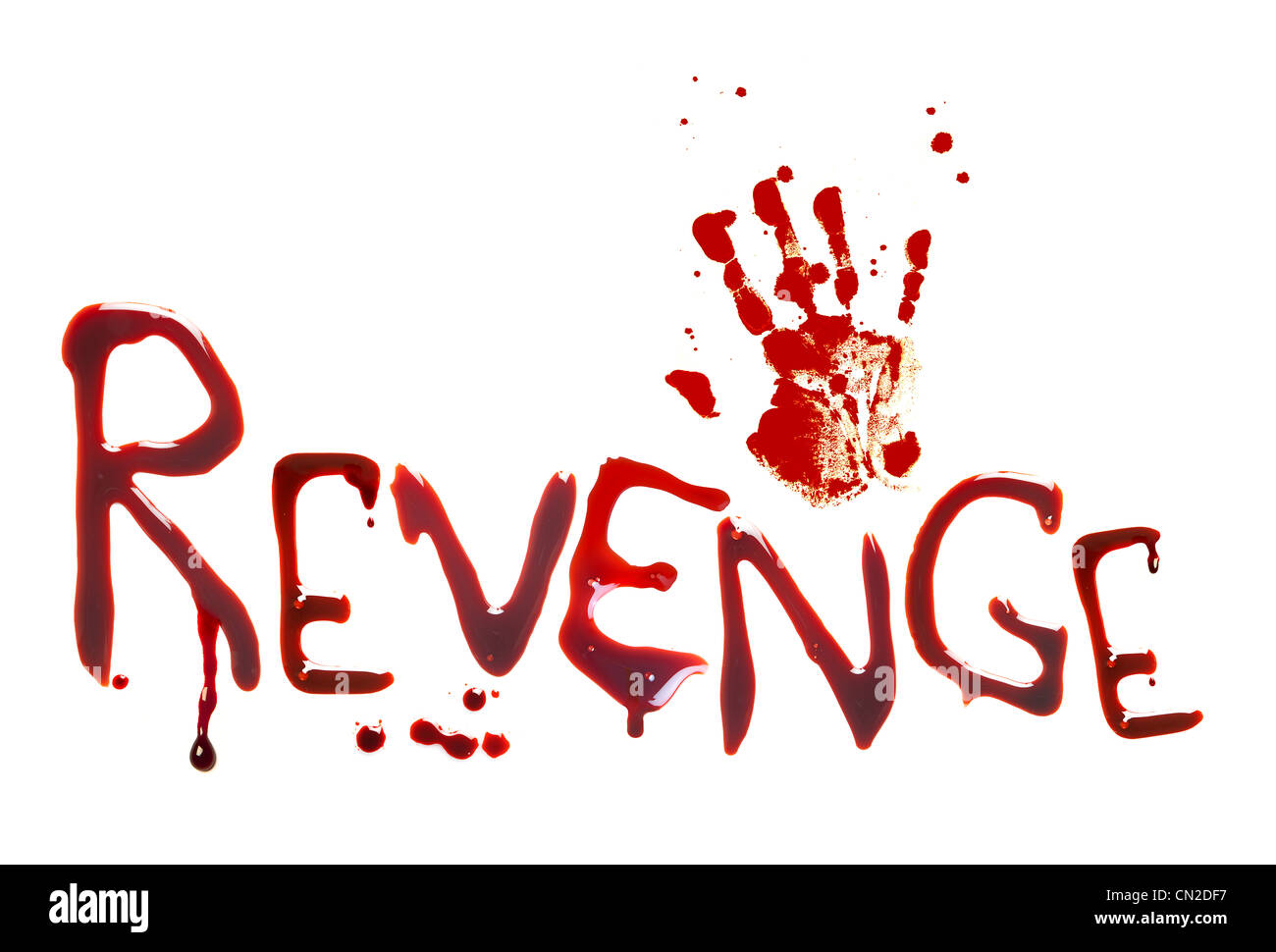 Bloody letters and a hand-print showing revenge Stock Photo