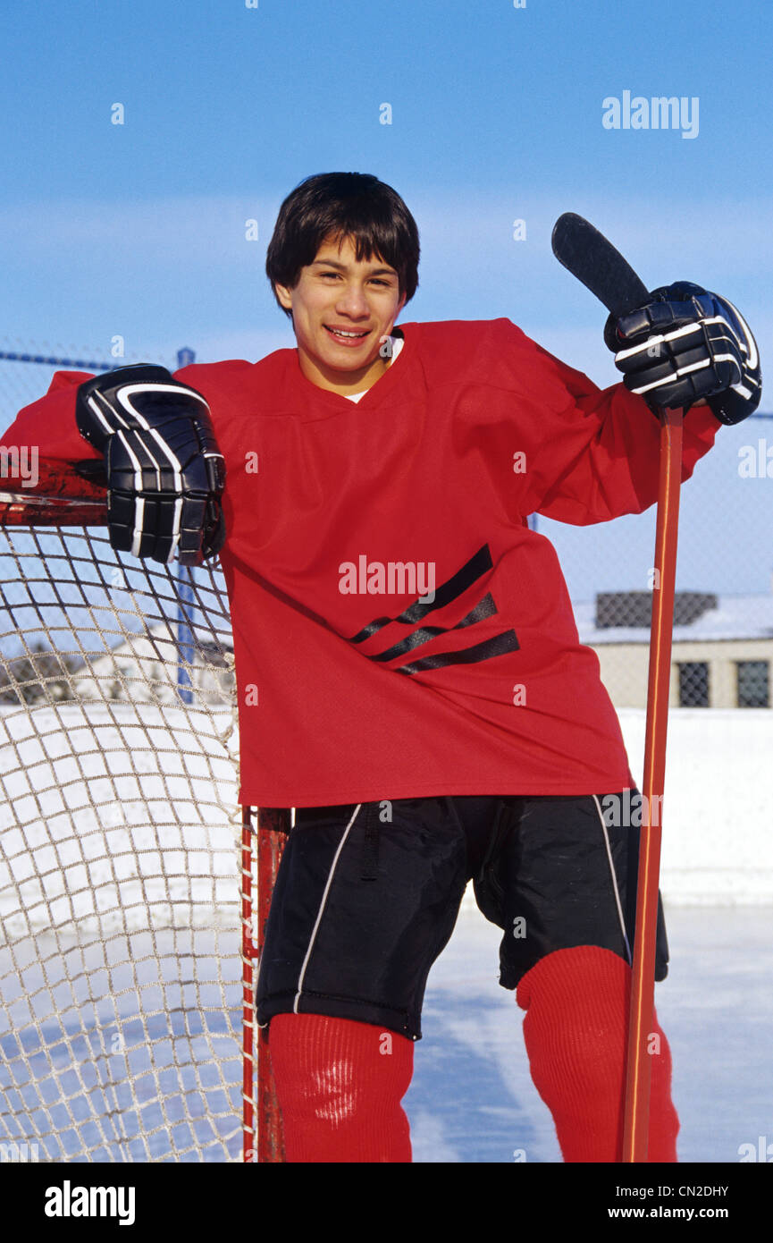 Portrait of a Teenage Boy Hockey Player, Winnipeg, Manitoba Stock Photo