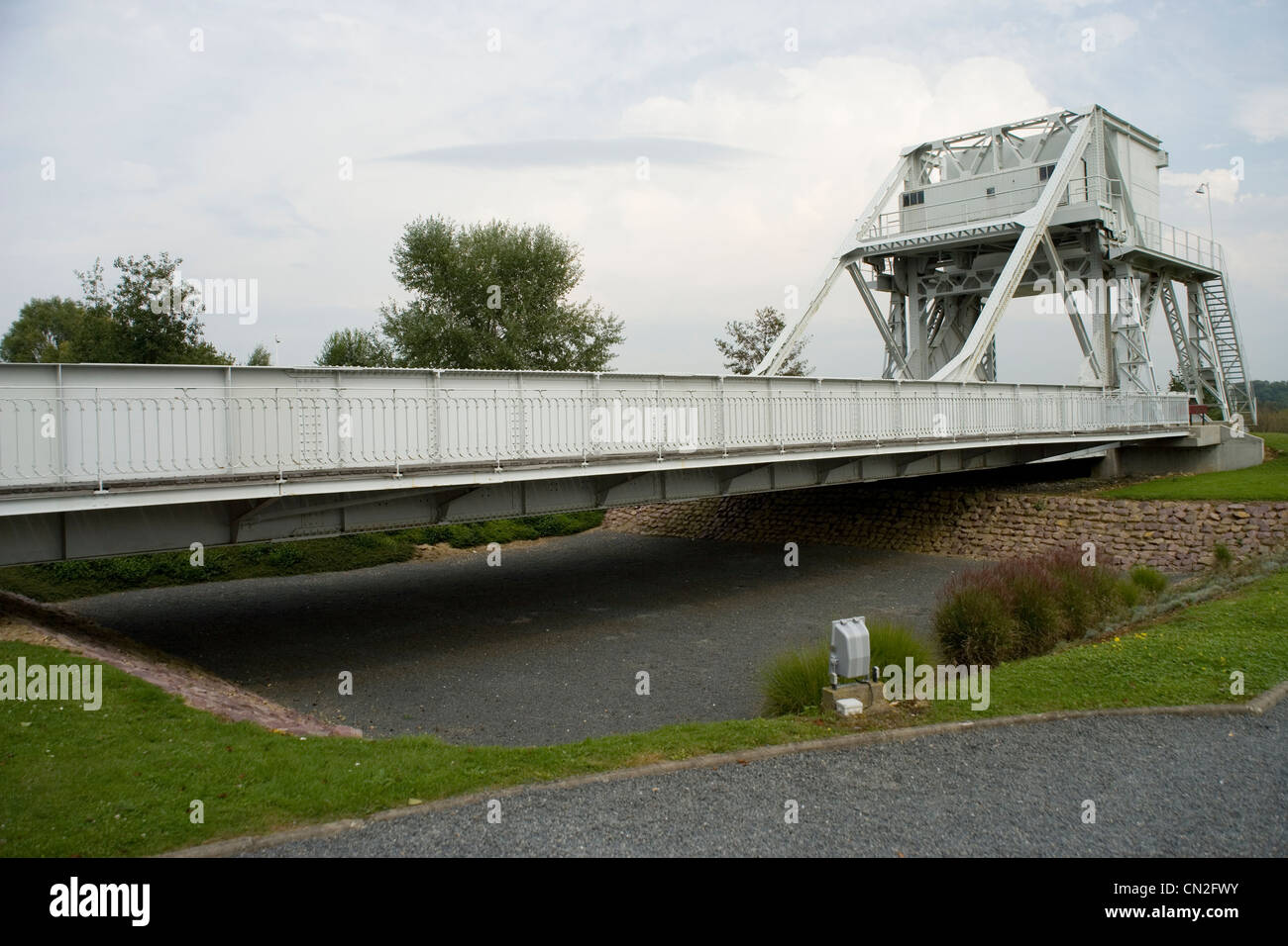 The original Pegasus Bridge in the grounds of the Airborne Museum in Normandy France assaulted on D Day 6 June 1944 Stock Photo