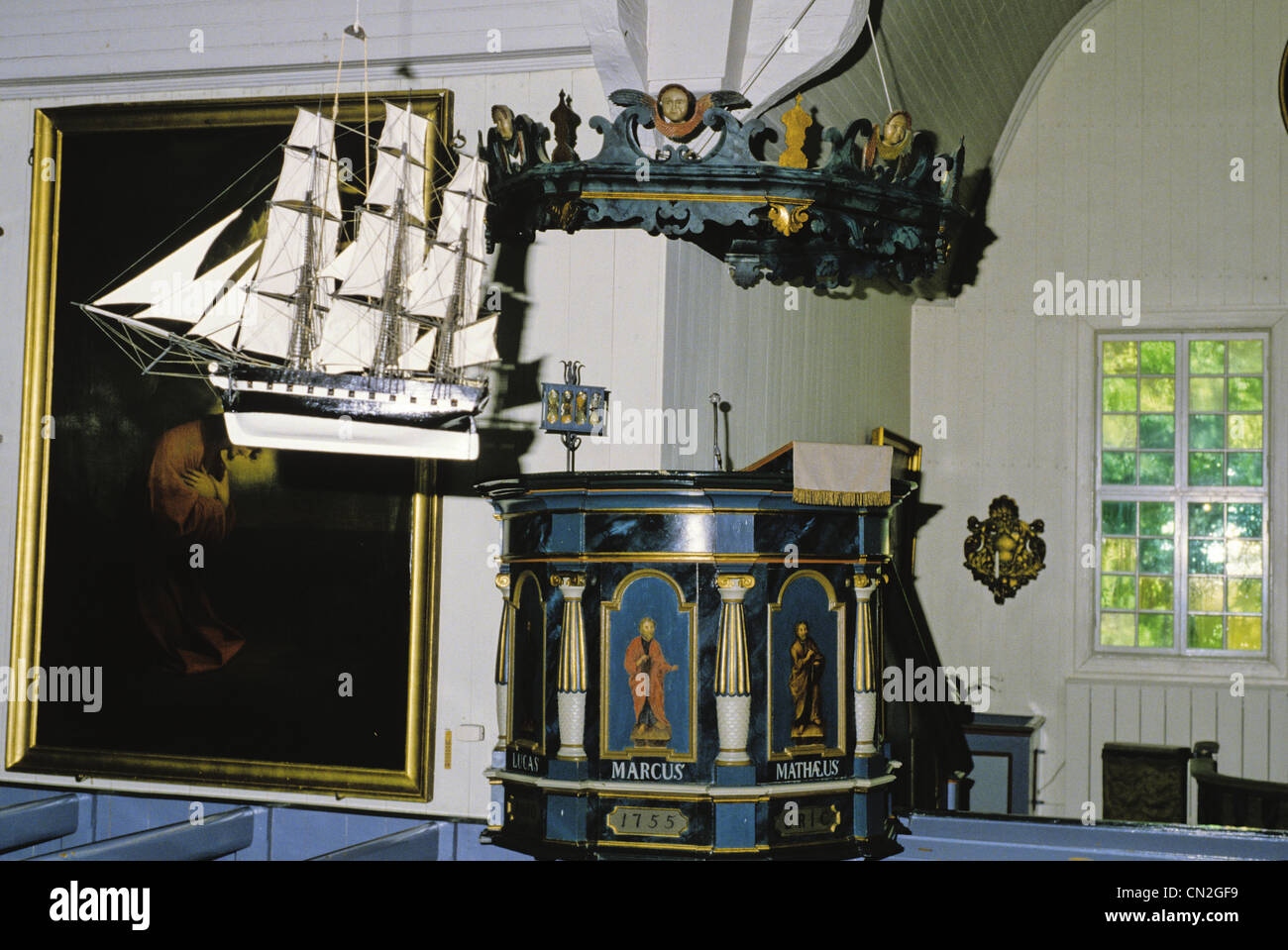 Ships model hanging in 18th century Dragsfjard Church in Kimitoon, Finland. Stock Photo