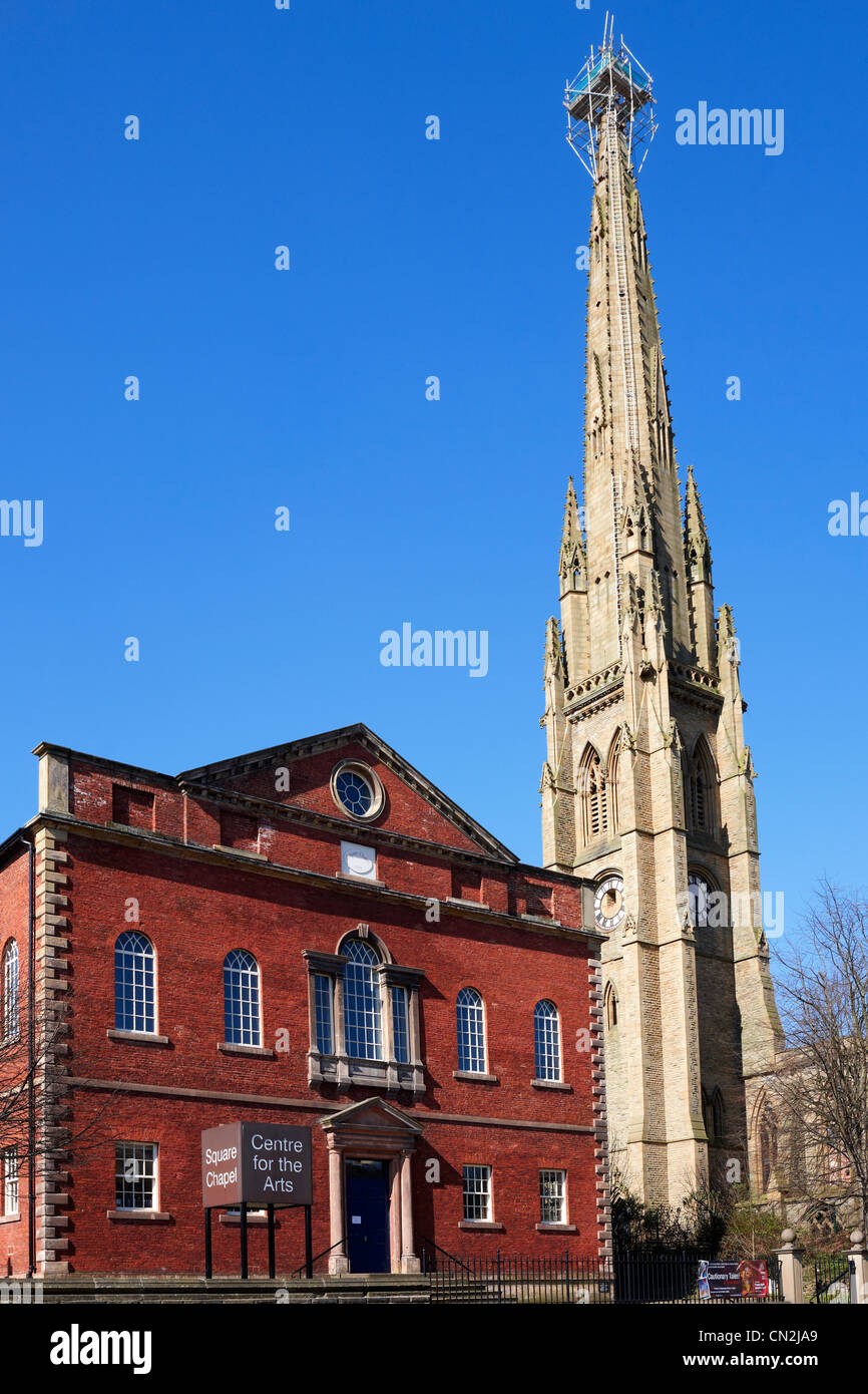Square Chapel, now an Arts Centre and the spire of the ruined Square Church, Halifax, West Yorkshire UK Stock Photo