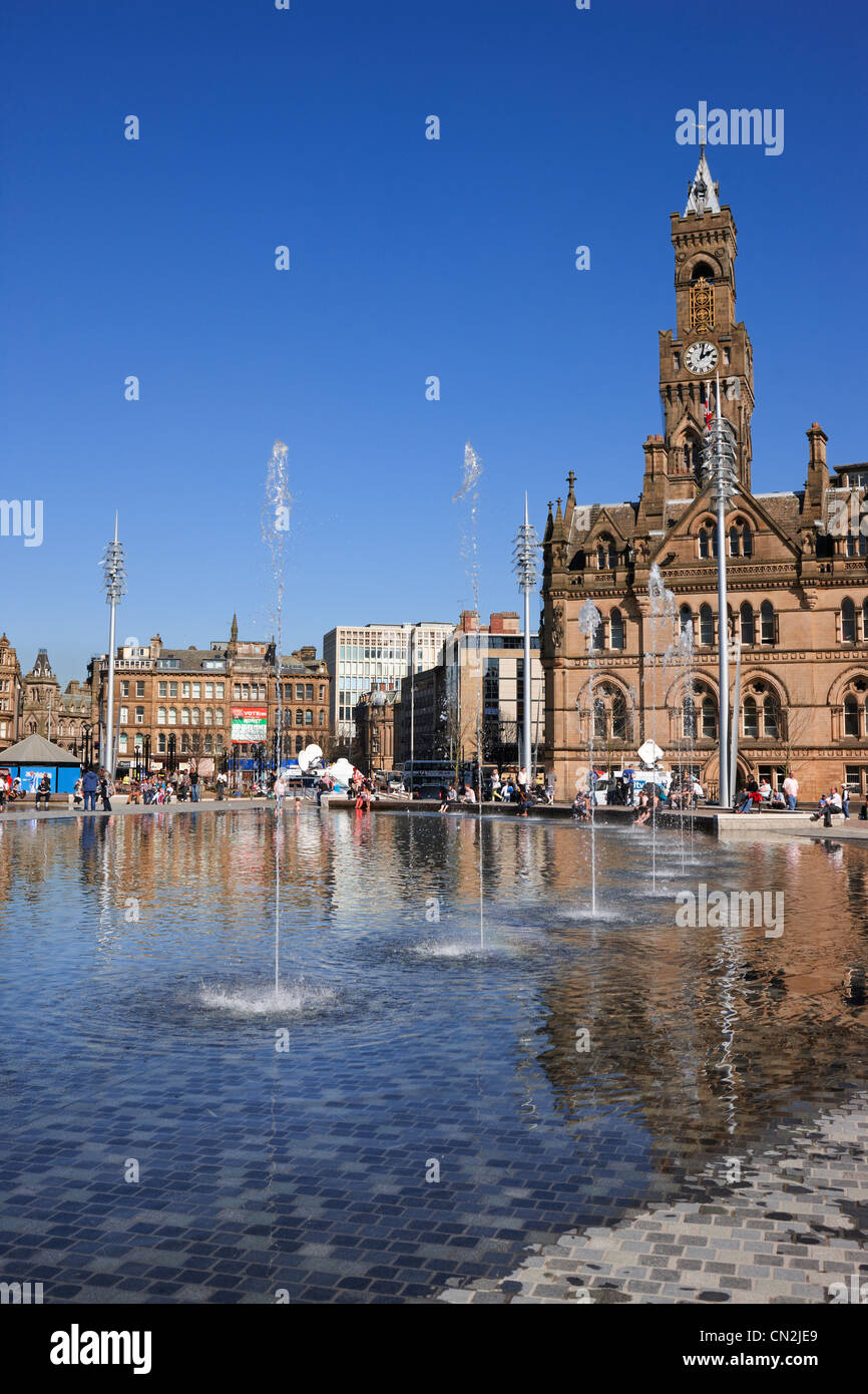 Bradford City Park. The 6 acre public space in the heart of Bradford contains the largest man made water feature of any UK city. Stock Photo