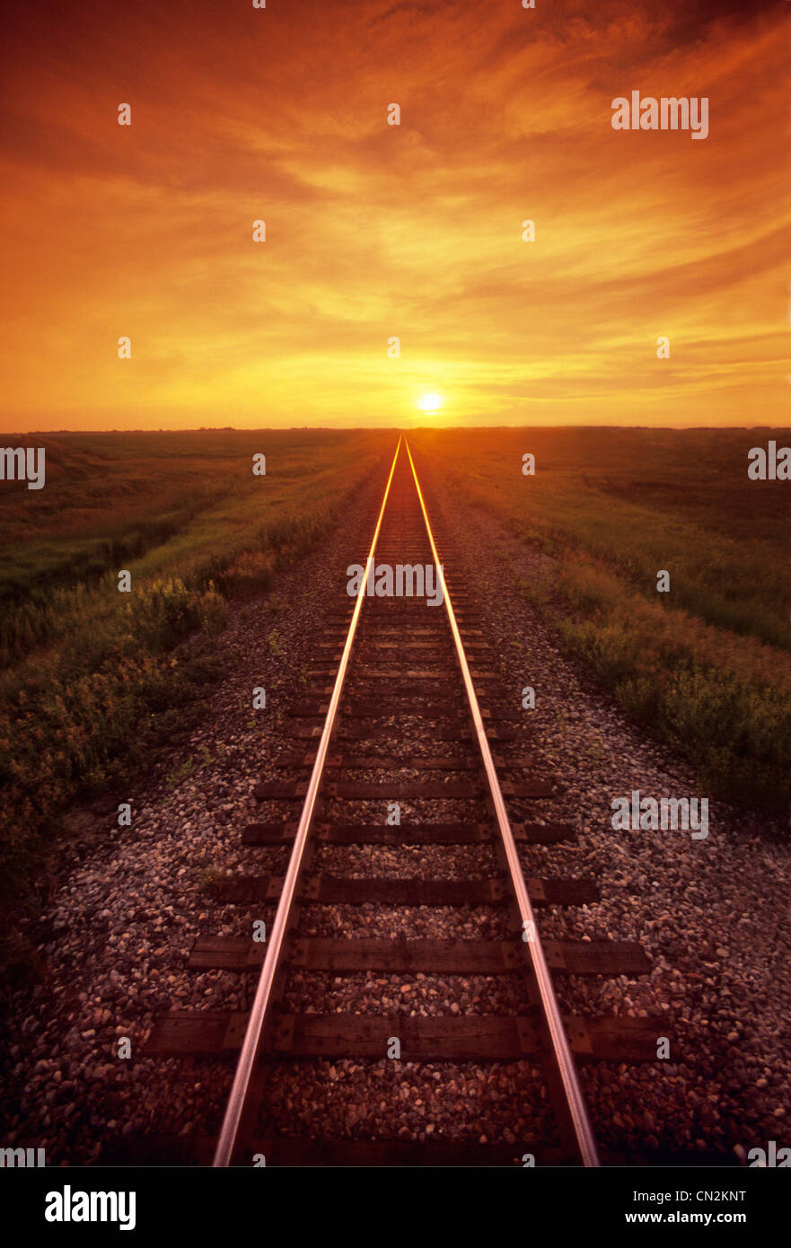 Railway and Sunset, near Winnipeg, Manitoba Stock Photo