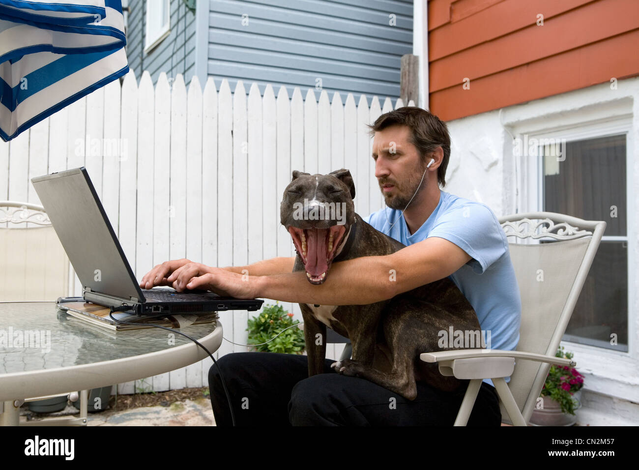 Man using laptop with dog sitting on lap Stock Photo