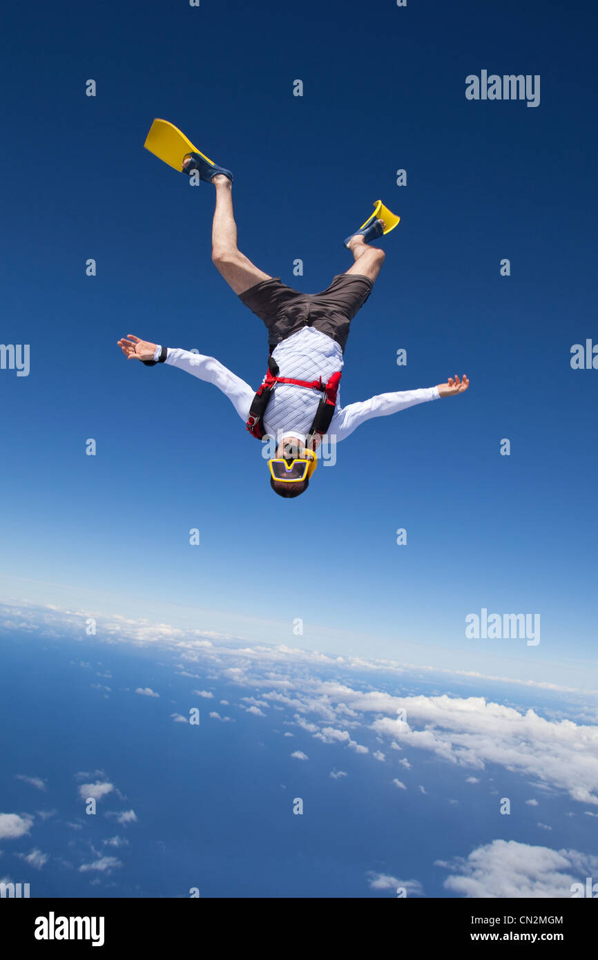 Skydiver in snorkel gear over north shore of Oahu, Hawaii Stock Photo