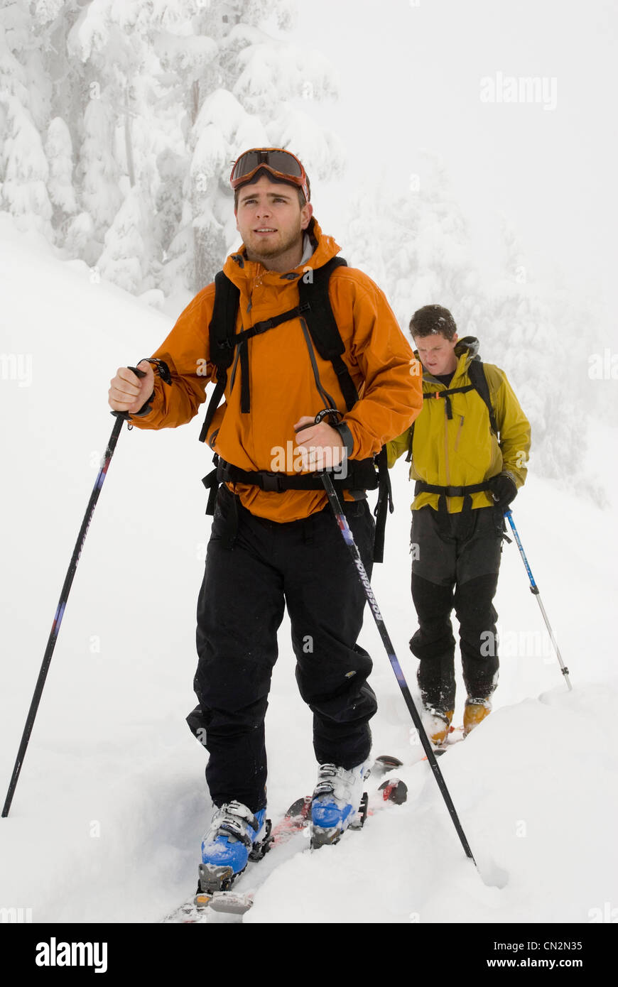 Men Skiing, Mount Cain, Vancouver Island, British Columbia Stock Photo