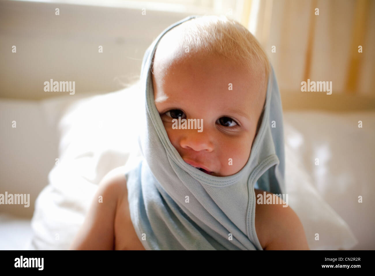 Toddler boy getting dressed Stock Photo Alamy