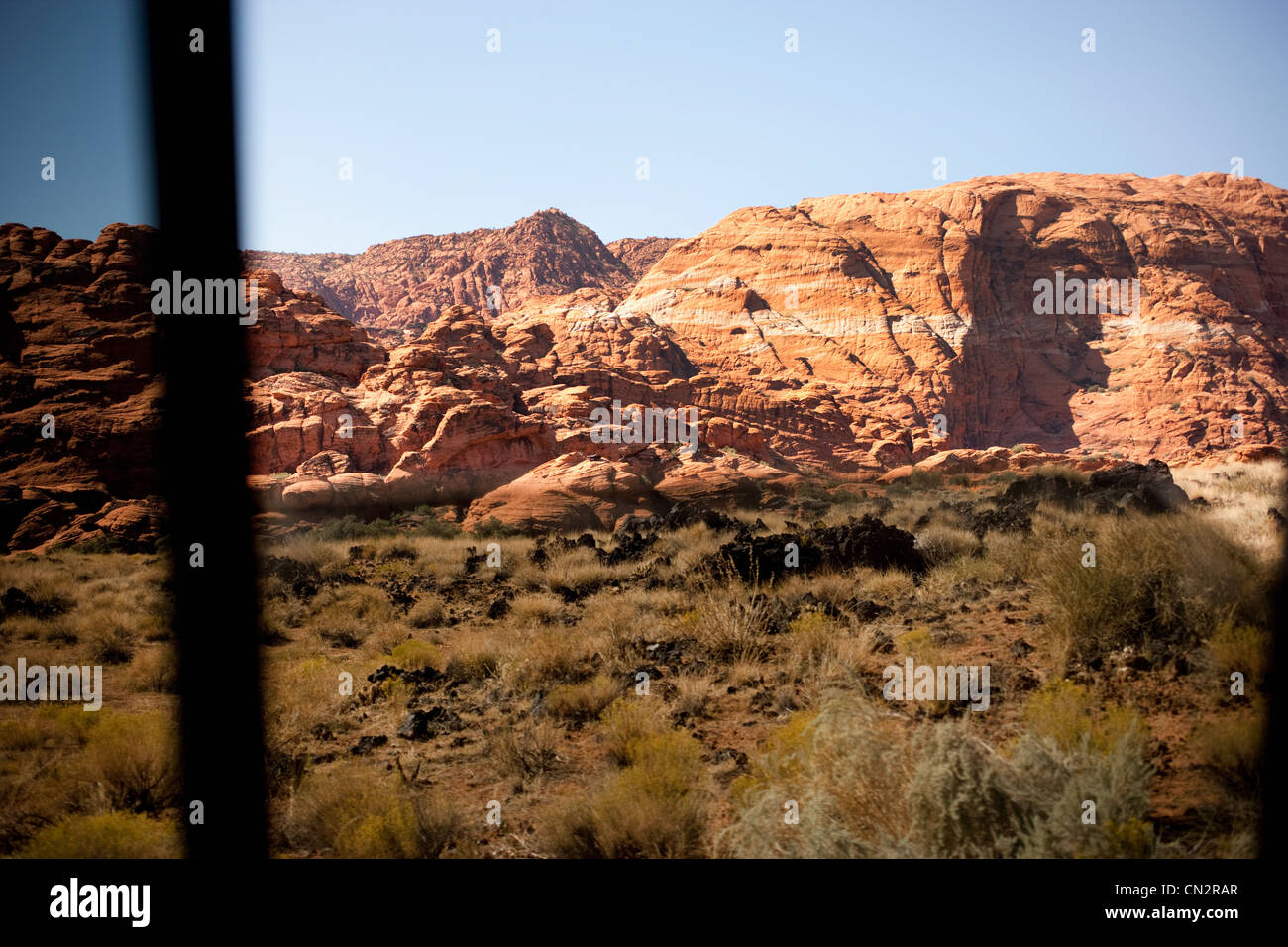 View of rocky landscape through car window, Utah, USA Stock Photo