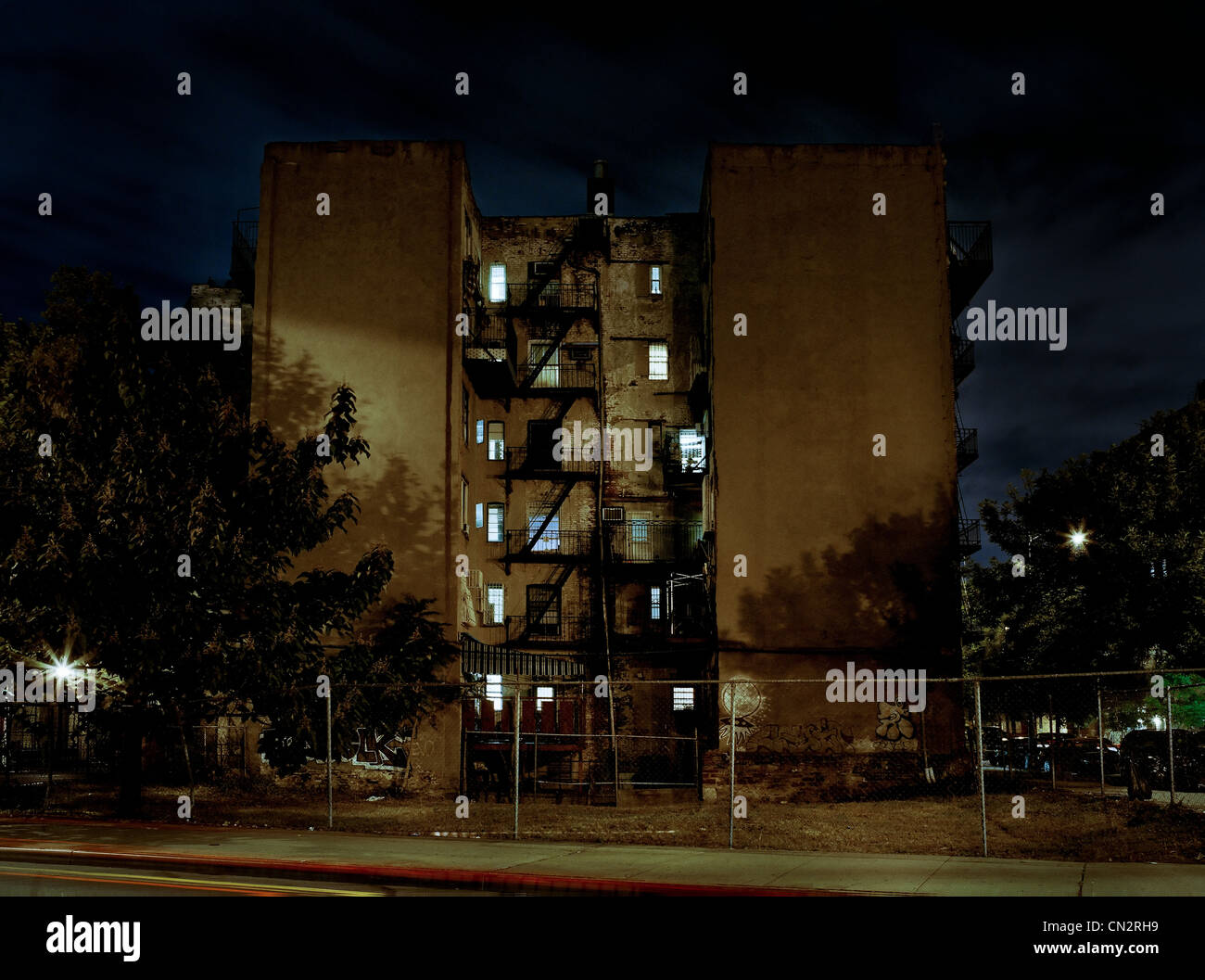 Apartment block at night, Williamsburg, Brooklyn, New York Stock Photo
