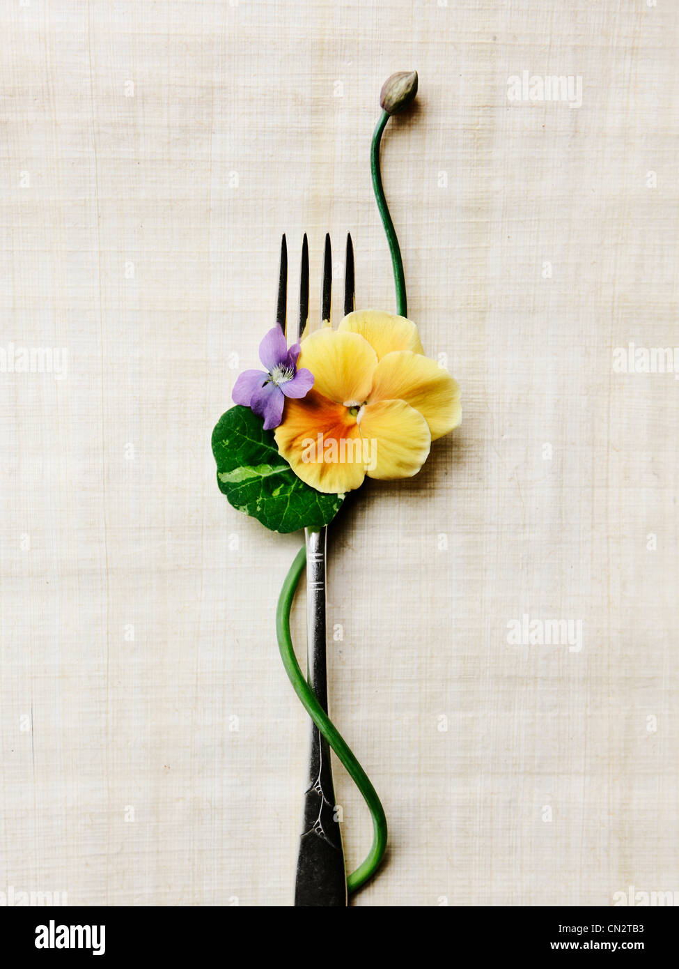 Edible flowers and fork Stock Photo