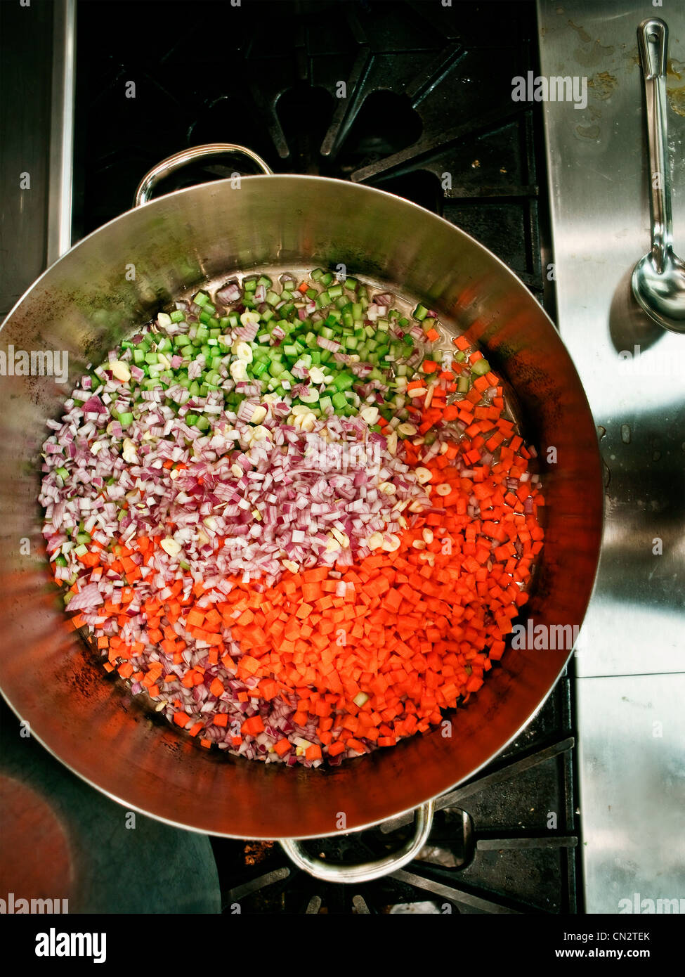Saucepan of freshly chopped vegetables Stock Photo