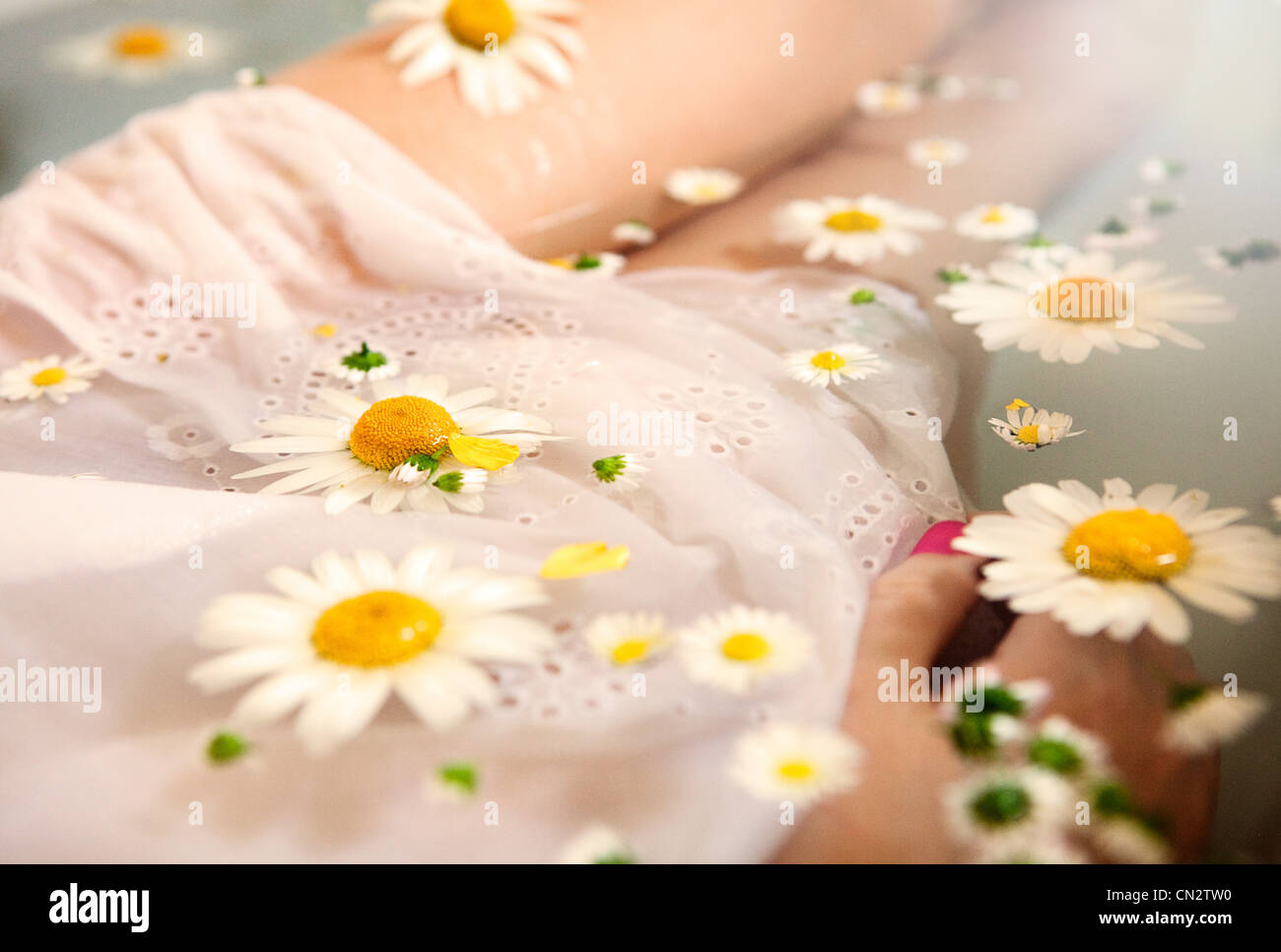 Woman in water with daisies floating on surface Stock Photo