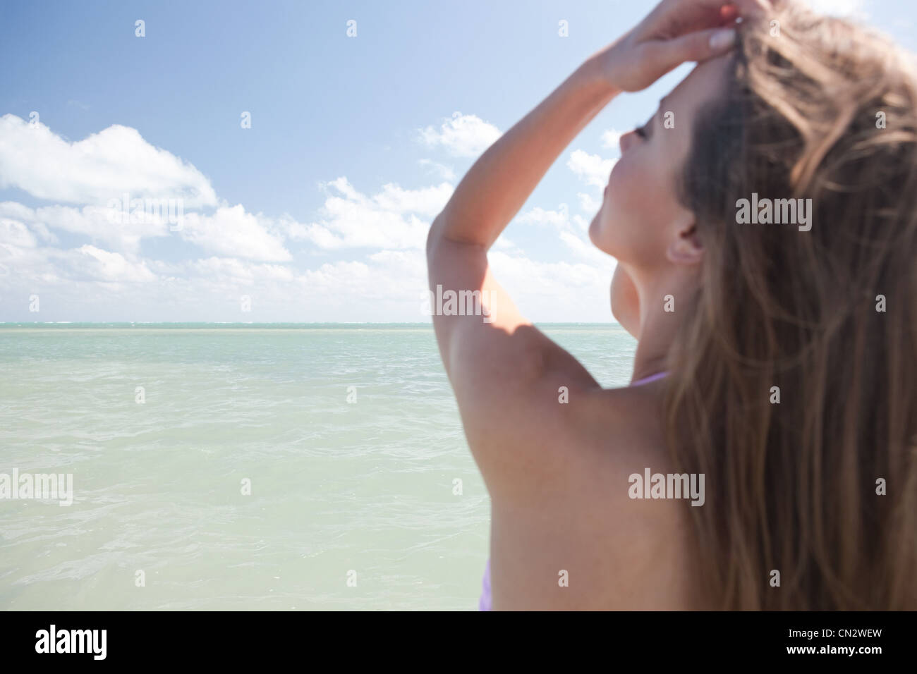 Topless young woman by sea, rear view Stock Photo
