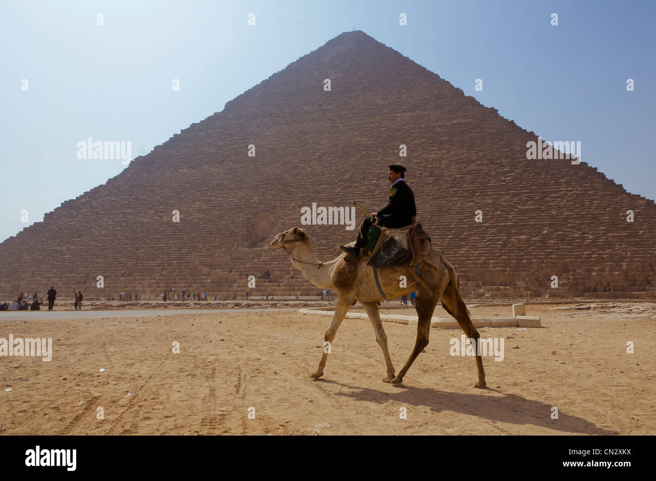 Policeman patrolling on camel at the Giza Pyramids Cairo Stock Photo