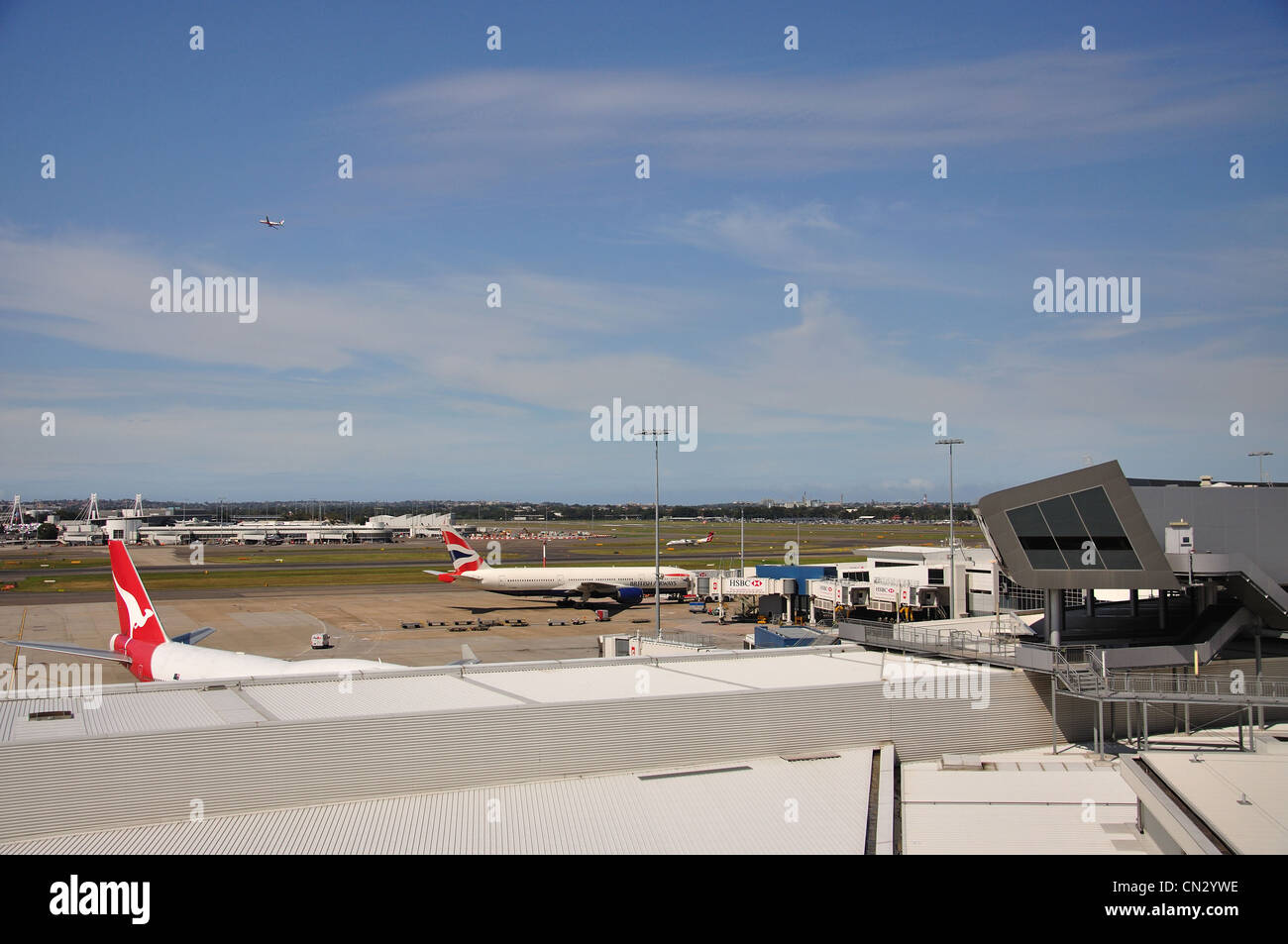 Gates and runway at Sydney (Kingsford Smith) Airport, Mascot, Sydney, New South Wales, Australia Stock Photo