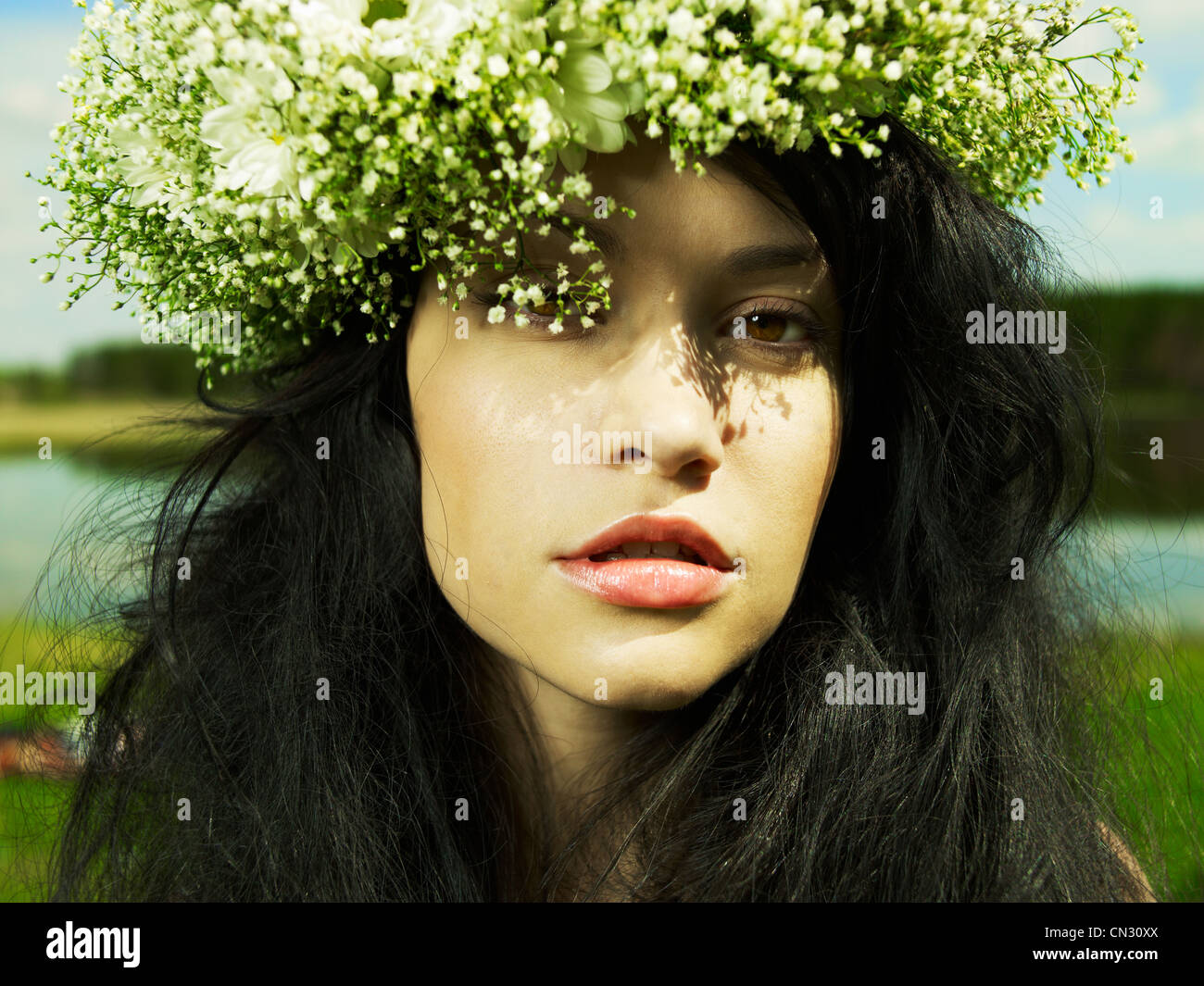 Fashion portrait beautiful girl wearing a wreath of wildflowers Stock ...