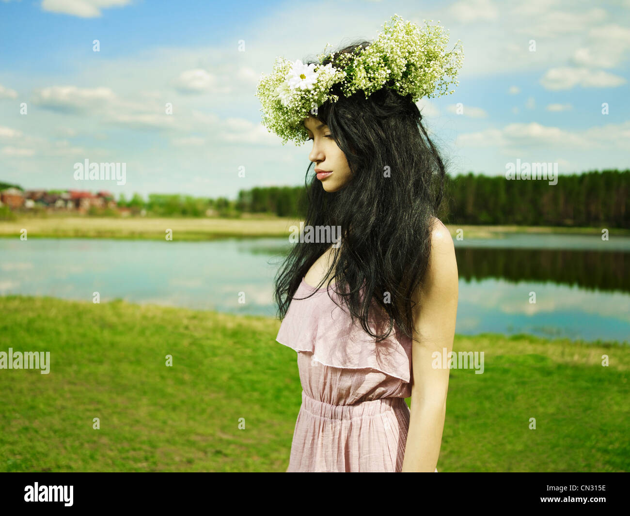 Fashion portrait beautiful girl wearing a wreath of wildflowers Stock ...