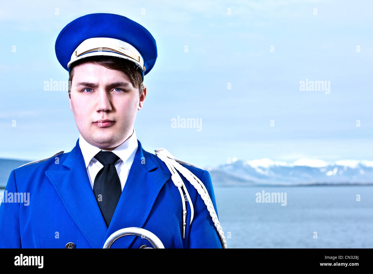 Portrait of young man wearing marching band uniform Stock Photo Alamy