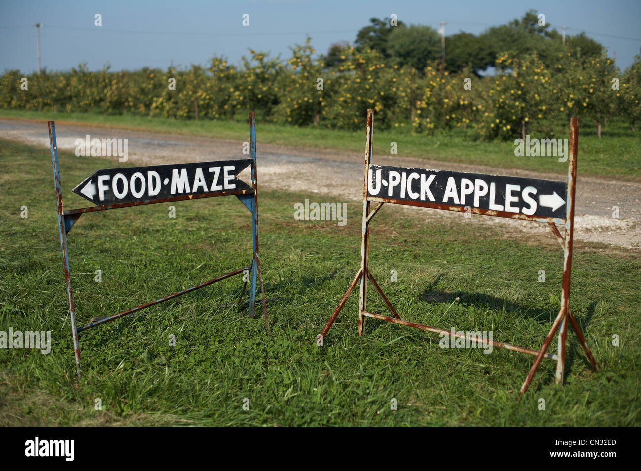 Signs on pick your own farm Stock Photo
