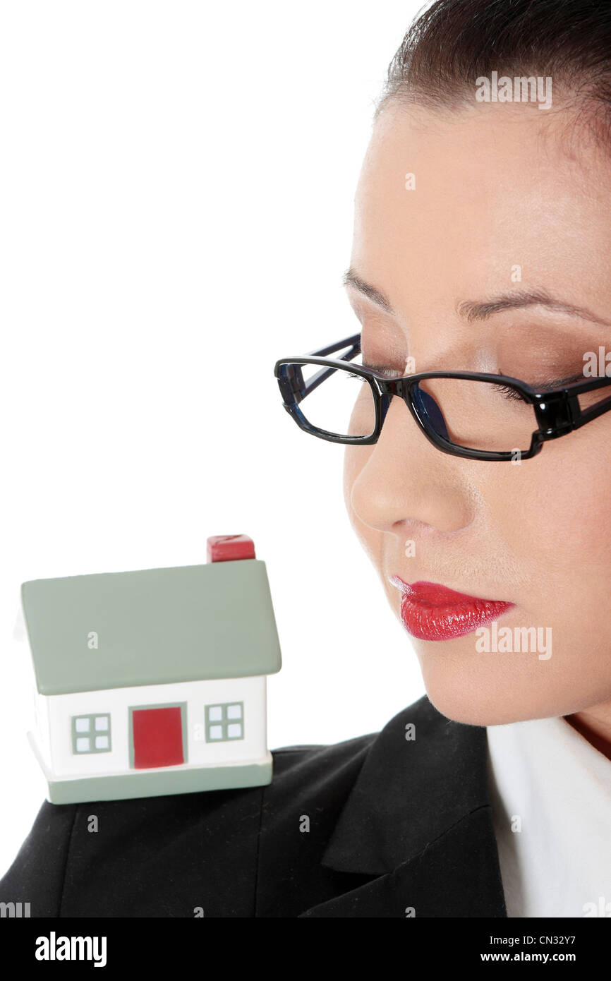 Young business woman with house model - real estate, isolated Stock ...