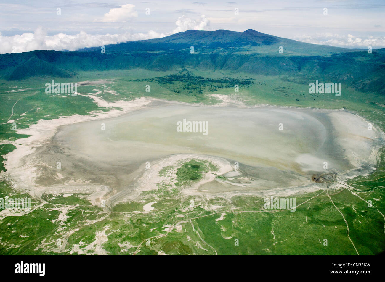 Ngorongoro crater with Lake Magadi in rainy season, aerial view, Arusha region, Tanzania Stock Photo