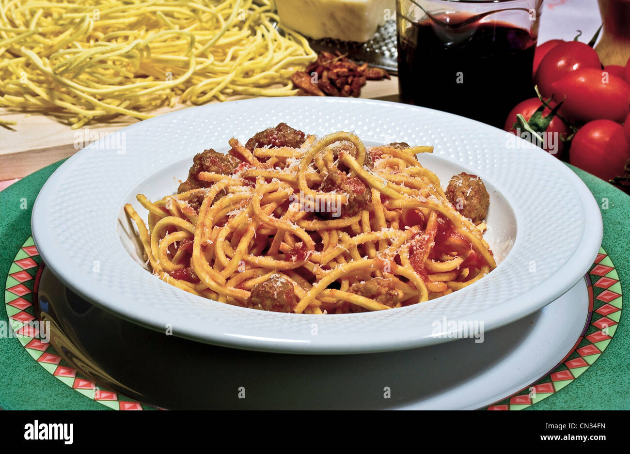 Italy Abruzzo Spaghetti alla chitarra with pallottoline Stock Photo
