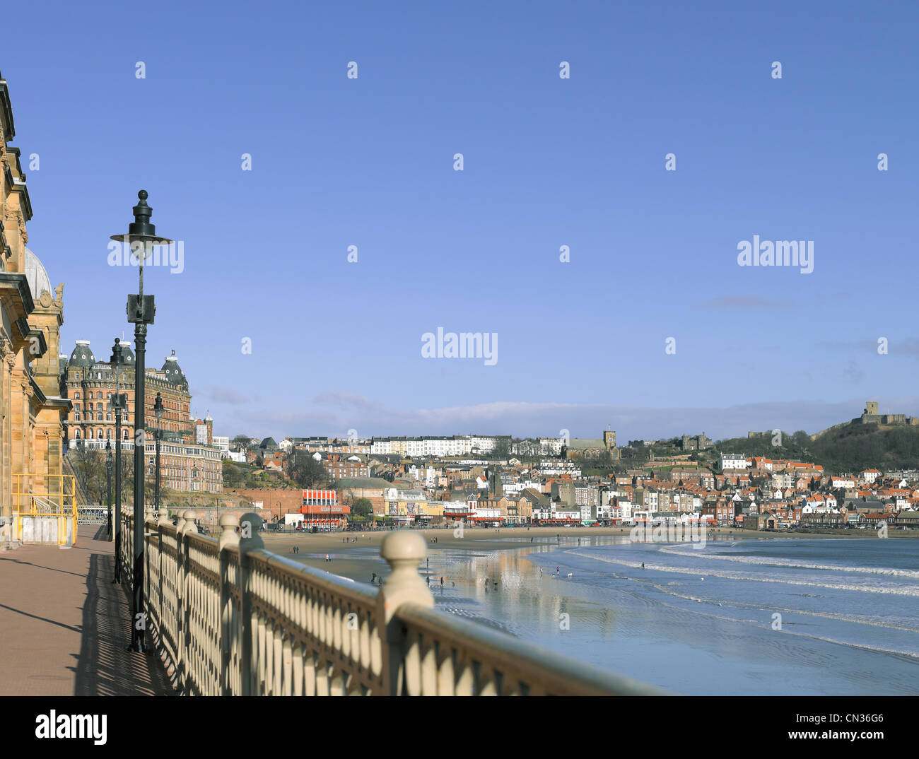 South Bay beach and Castle viewed from the Spa in winter Scarborough North Yorkshire England UK United Kingdom GB Great Britain Stock Photo
