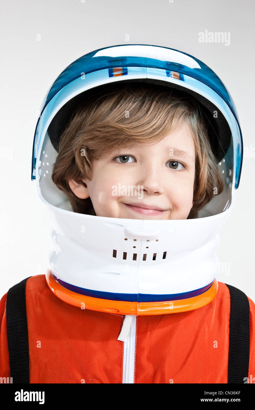 Boy dressed up as astronaut Stock Photo