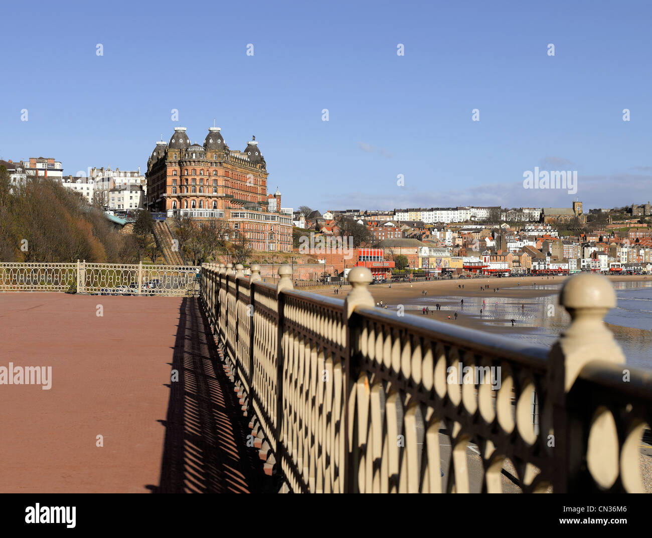 The Grand Hotel and South Bay viewed from the Spa in winter Scarborough North Yorkshire England UK United Kingdom GB Great Britain Stock Photo