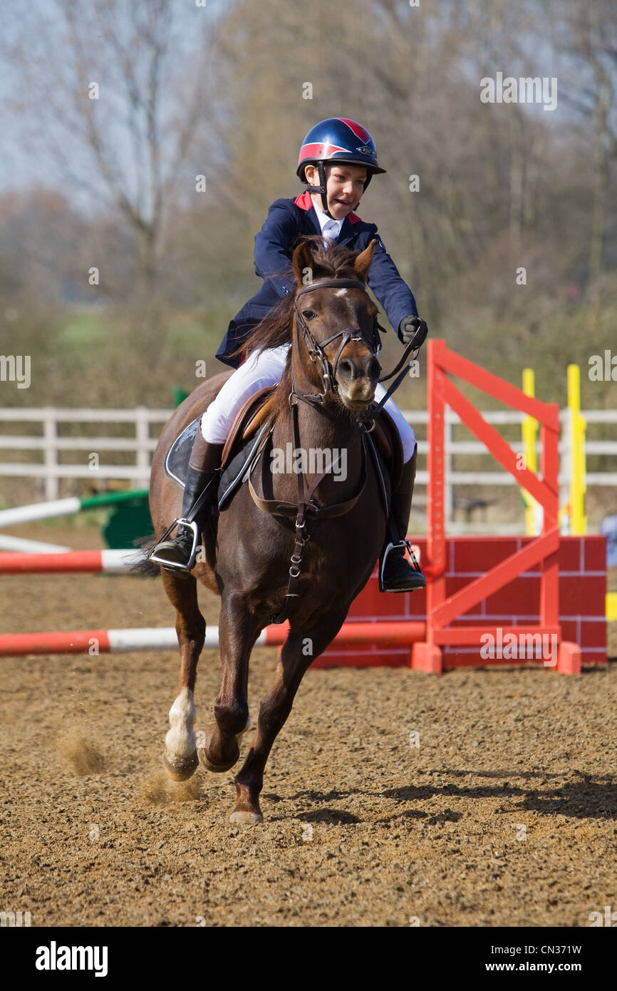 A horse and rider competing in a show jumping event held outside on a ...