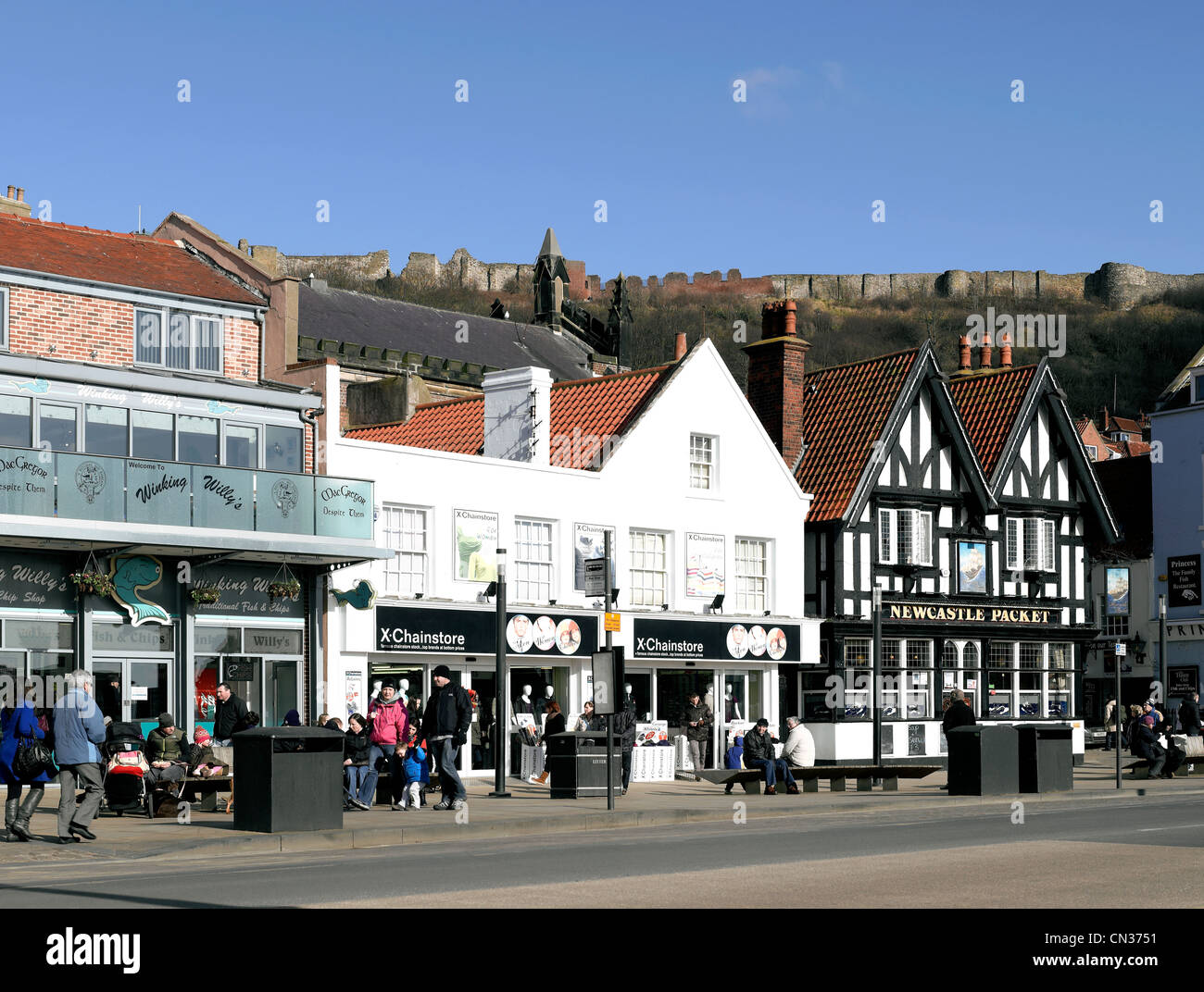 Shops stores along the seafront South Bay Scarborough town seaside resort North Yorkshire England UK United Kingdom GB Great Britain Stock Photo