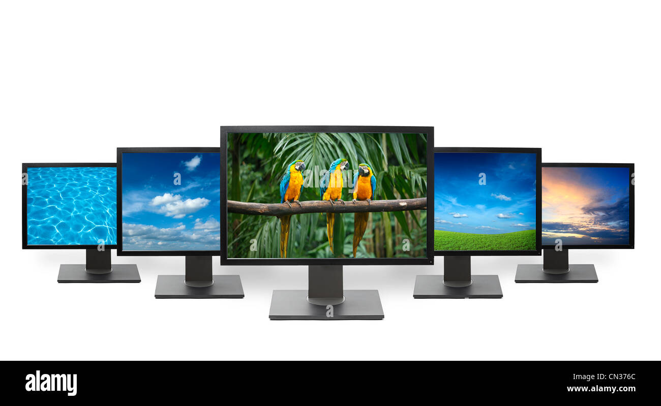 Group of flat screens HDTV TV with nature images on screen Stock Photo