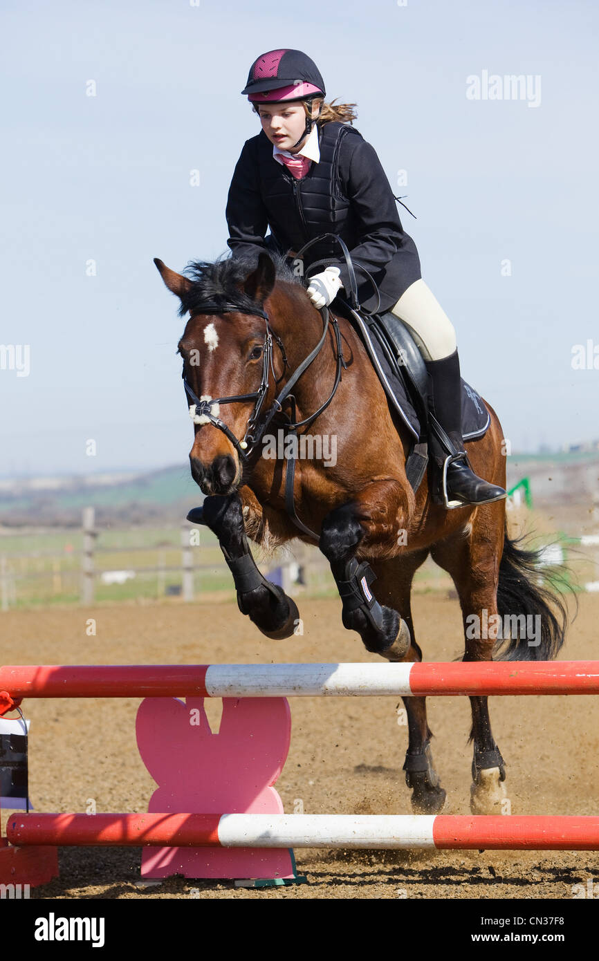 A horse and rider competing in a show jumping event held outside on a ...