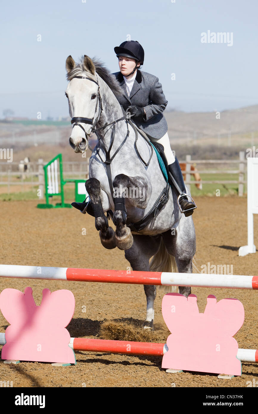 A horse and rider competing in a show jumping event held outside on a ...