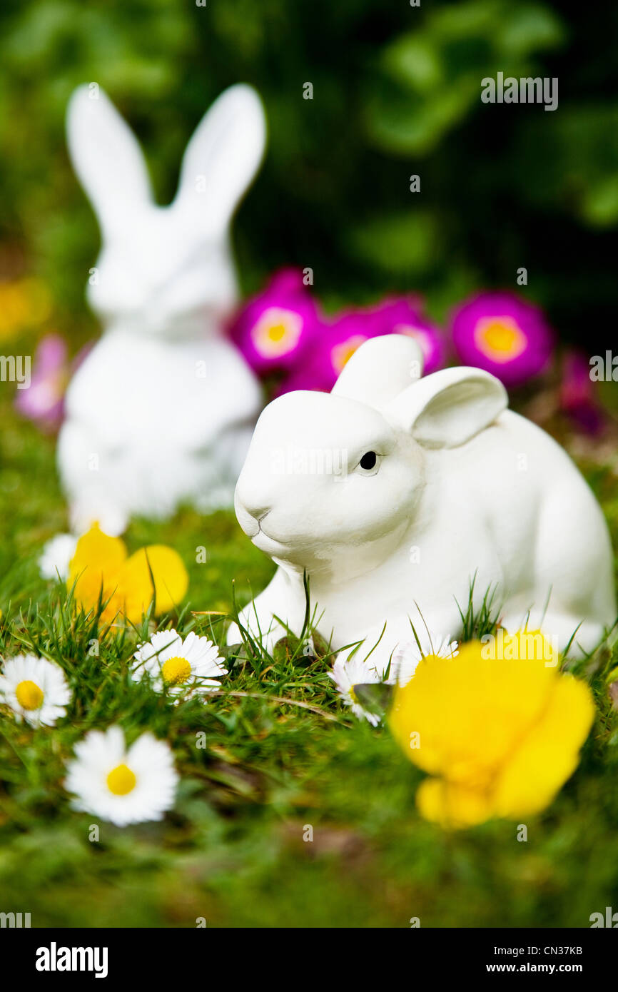 Easter bunnies and spring flowers Stock Photo