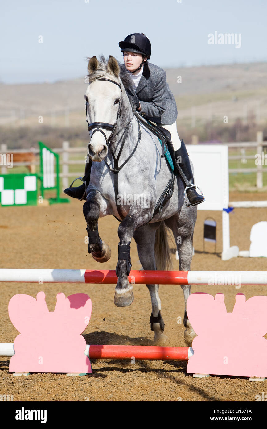 A horse and rider competing in a show jumping event held outside on a ...