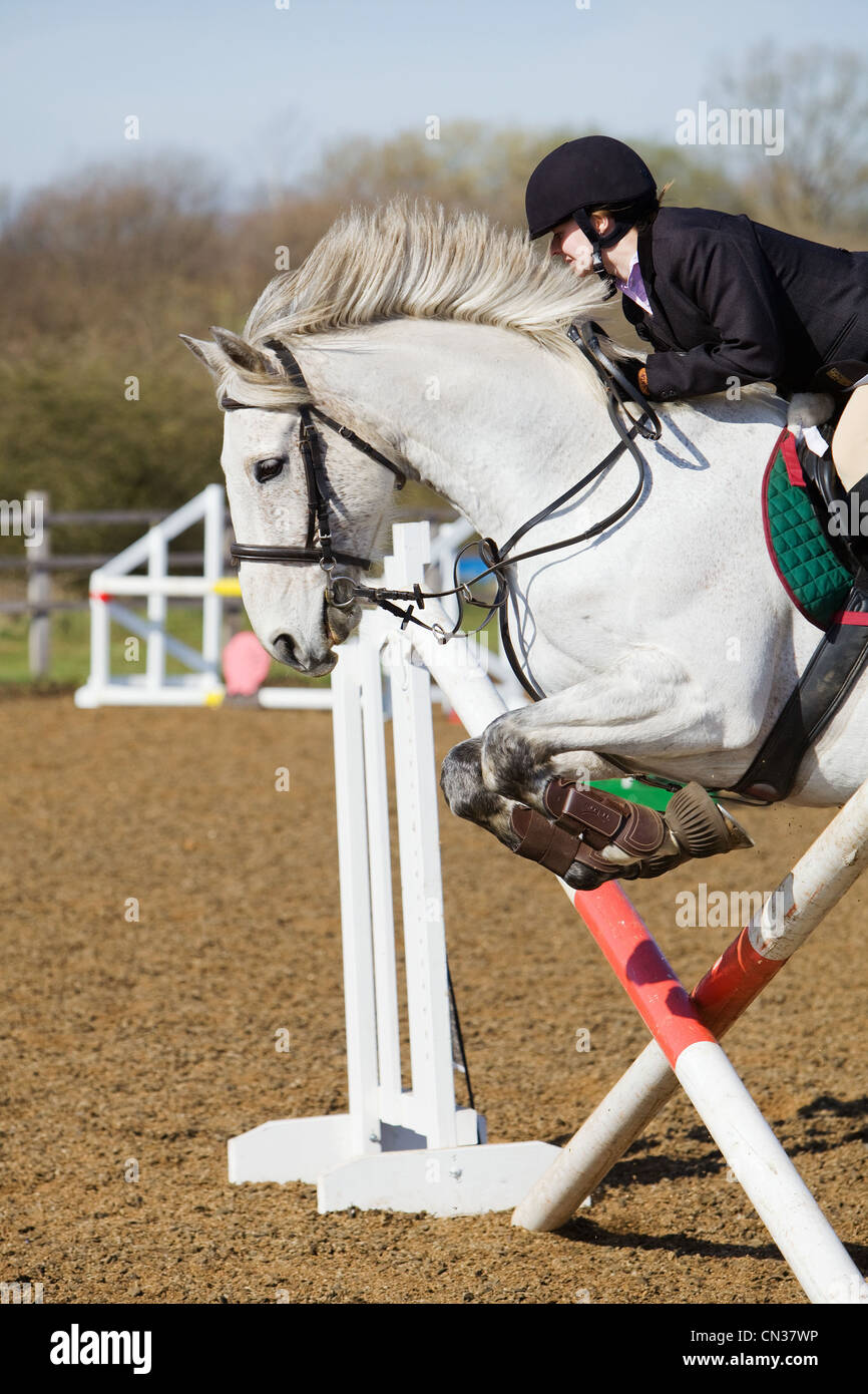 A horse and rider competing in a show jumping event held outside on a ...