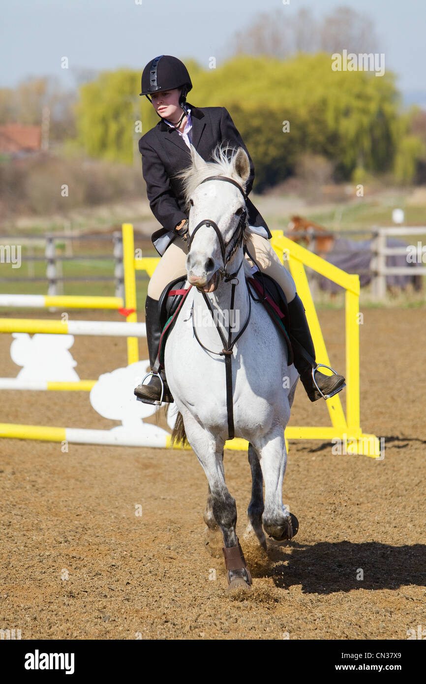 A horse and rider competing in a show jumping event held outside on a ...