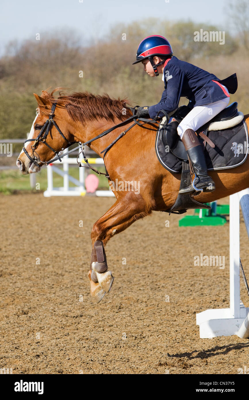 A horse and rider competing in a show jumping event held outside on a ...