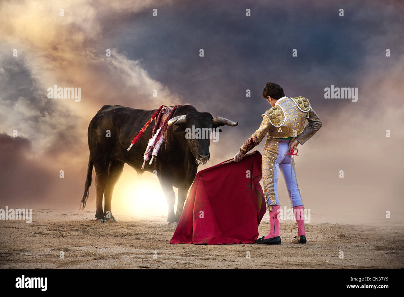 Bullfighter Holding Red Cape With Bull Las Ventas Bullring Madrid Stock Photo Alamy