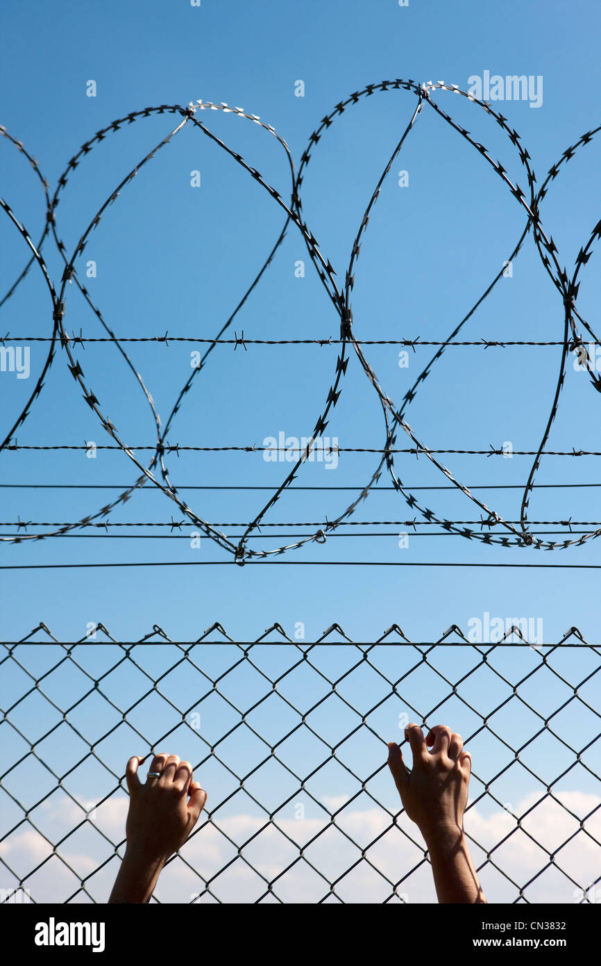 Person's hands on wire fence Stock Photo