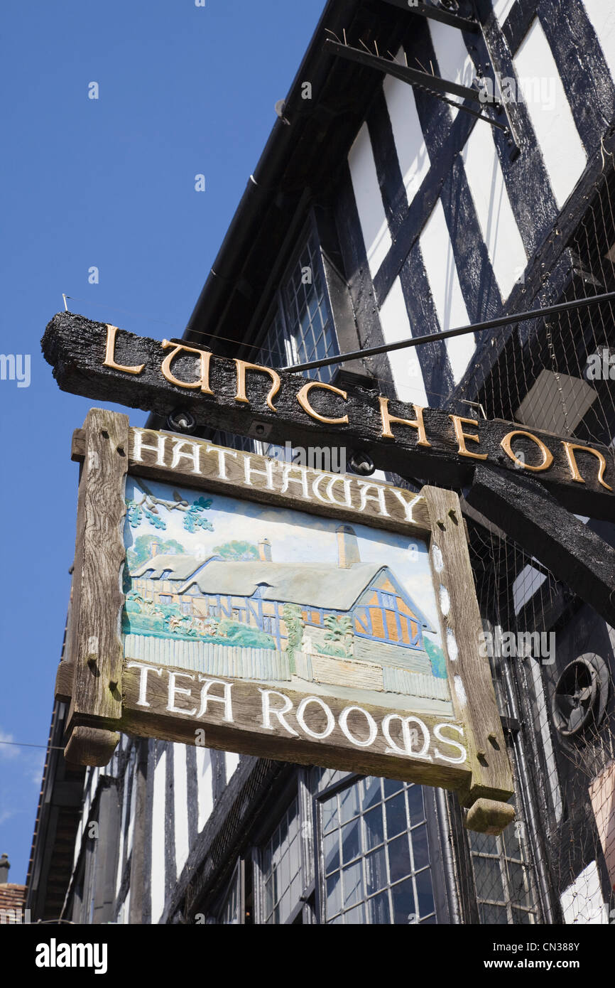 England, Warwickshire, Stratford, Hathaway Tea Rooms Sign Depicting Anne Hathaways Cottage Stock