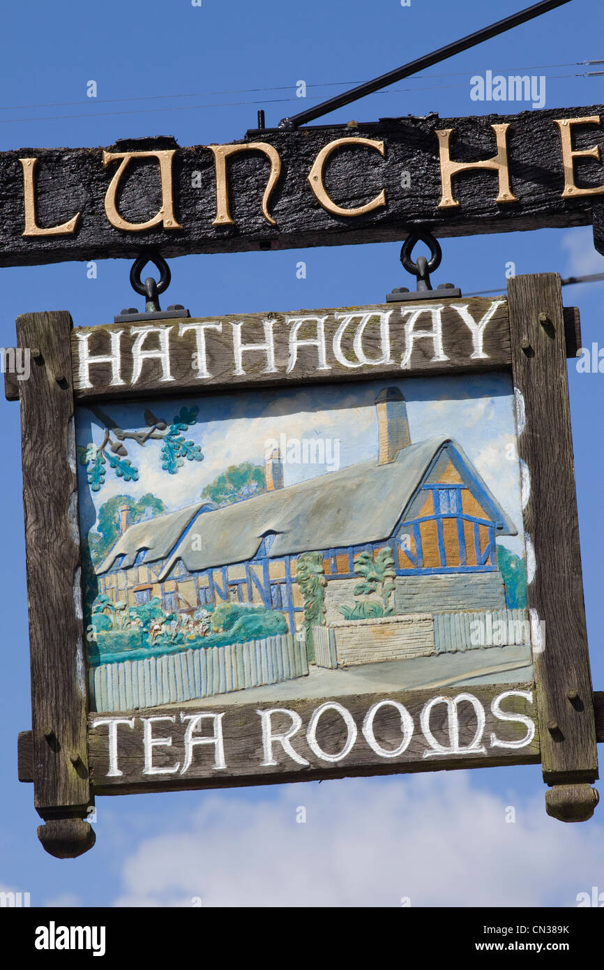 England, Warwickshire, Stratford, Hathaway Tea Rooms Sign Depicting Anne Hathaways Cottage Stock