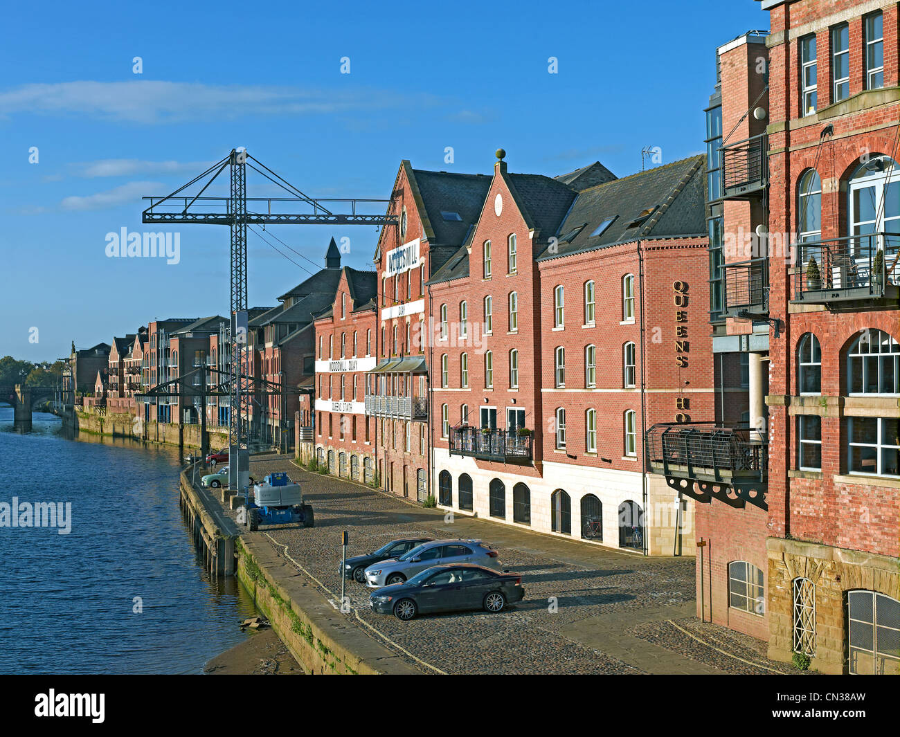 Former warehouses on riverside waterfront Queens Staith River Ouse York