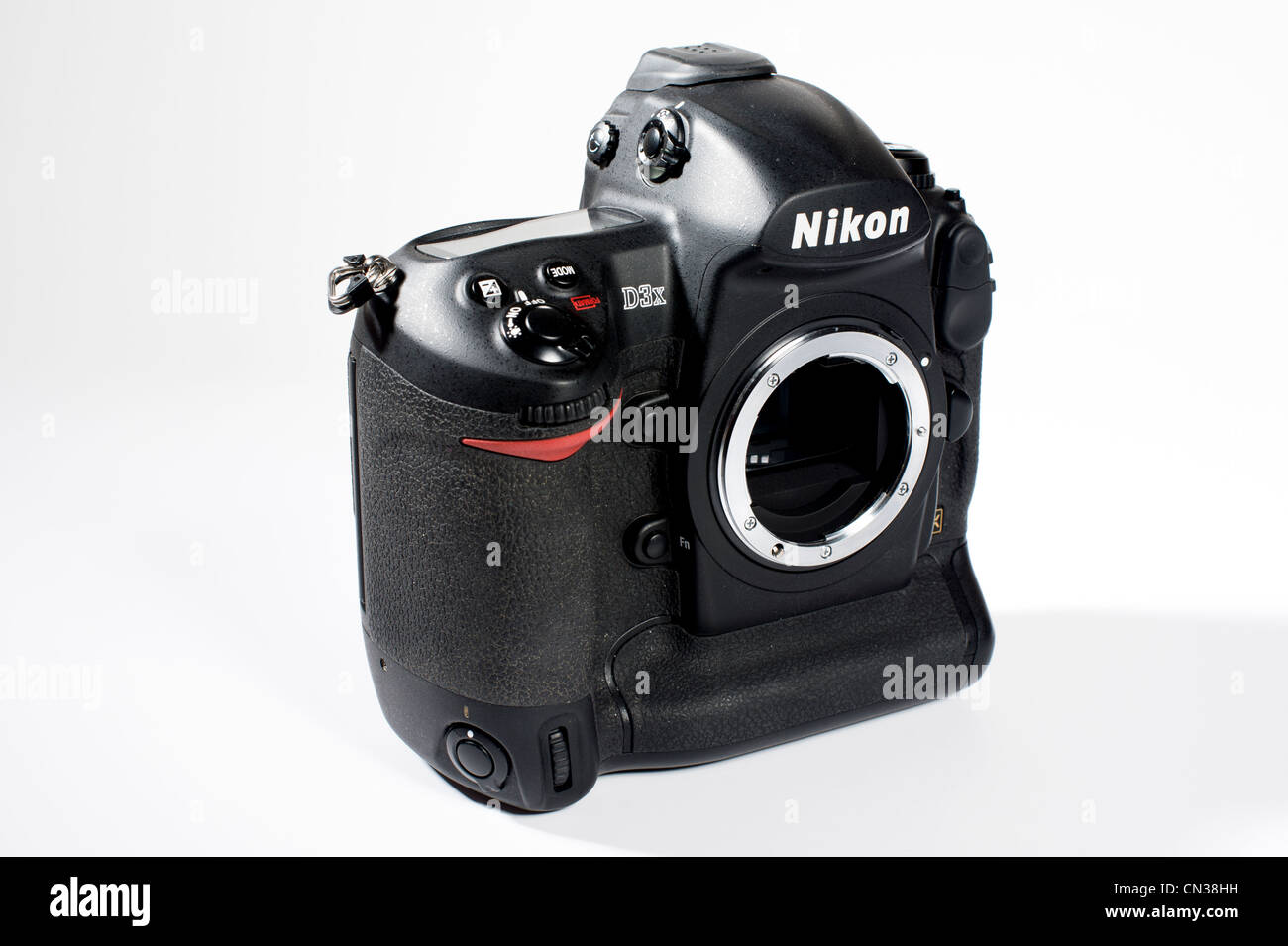 The Nikon D3x, Nikon's high resolution, 24mp professional DSLR photographed on white background without lens attached. Stock Photo