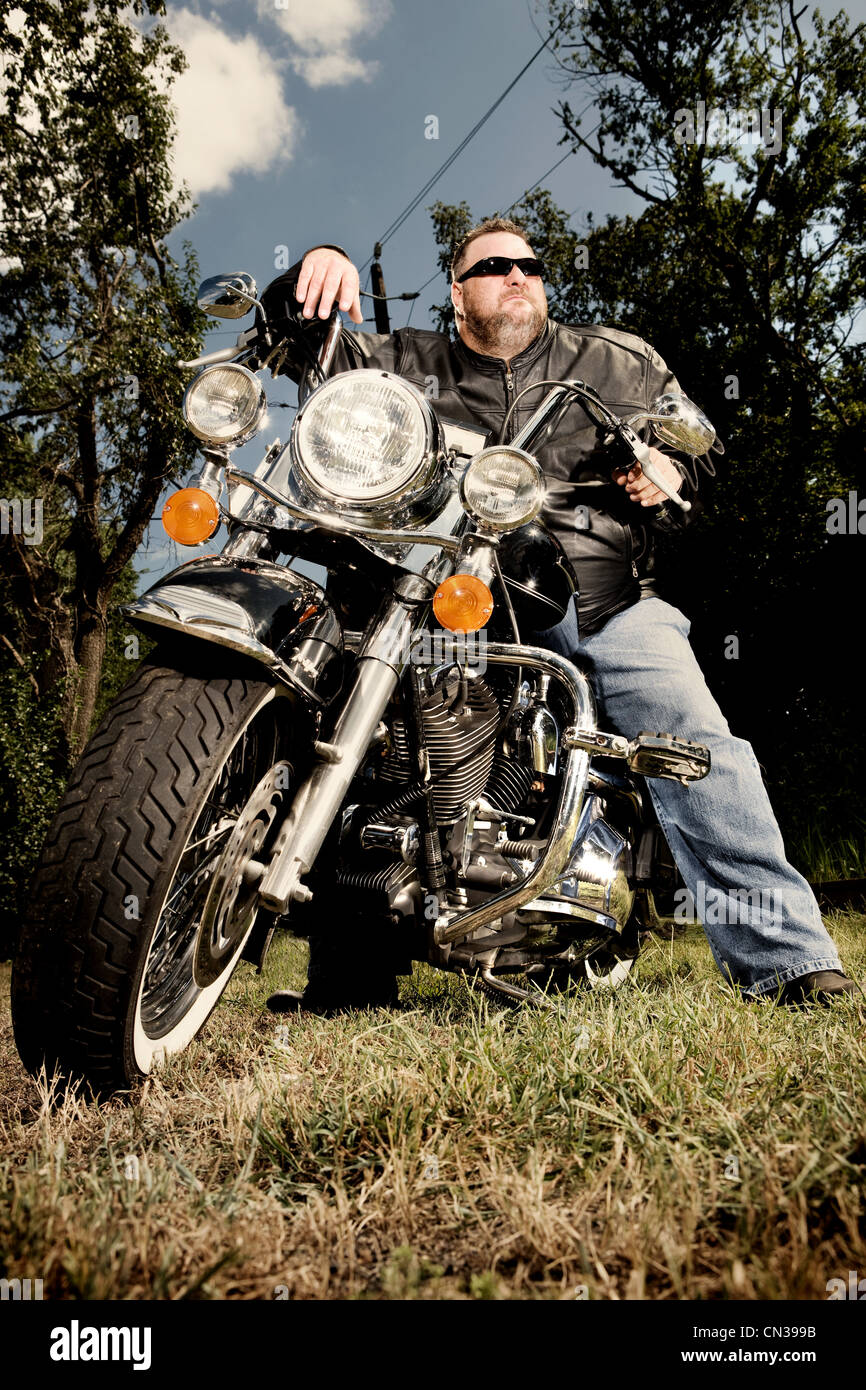 Portrait of a biker on motorcycle Stock Photo